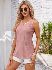 Blush pink eyelet button-down sleeveless top with V-neck and button detail.
