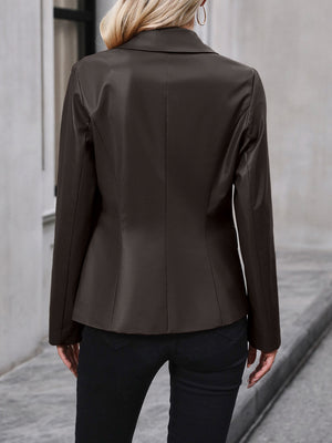 Double-breasted faux leather blazer in chocolate brown with a classic collar and buttoned front.