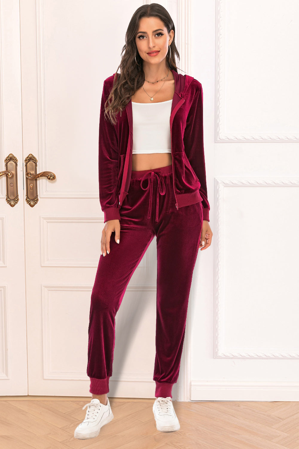 Wine velvet loungewear set with zip-up hoodie and drawstring pants