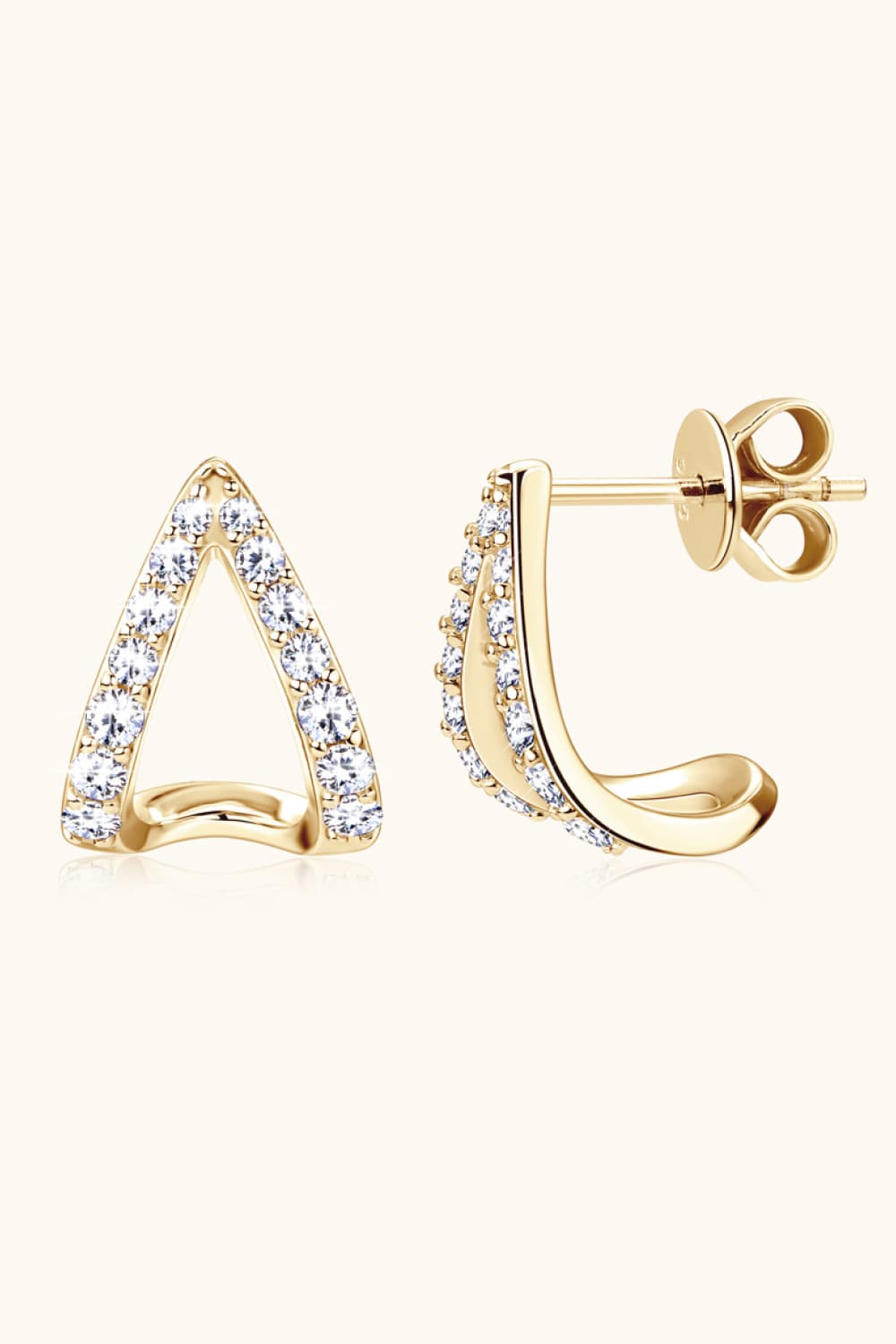 Geometric moissanite open-hoop earrings in gold with pave diamond accents.