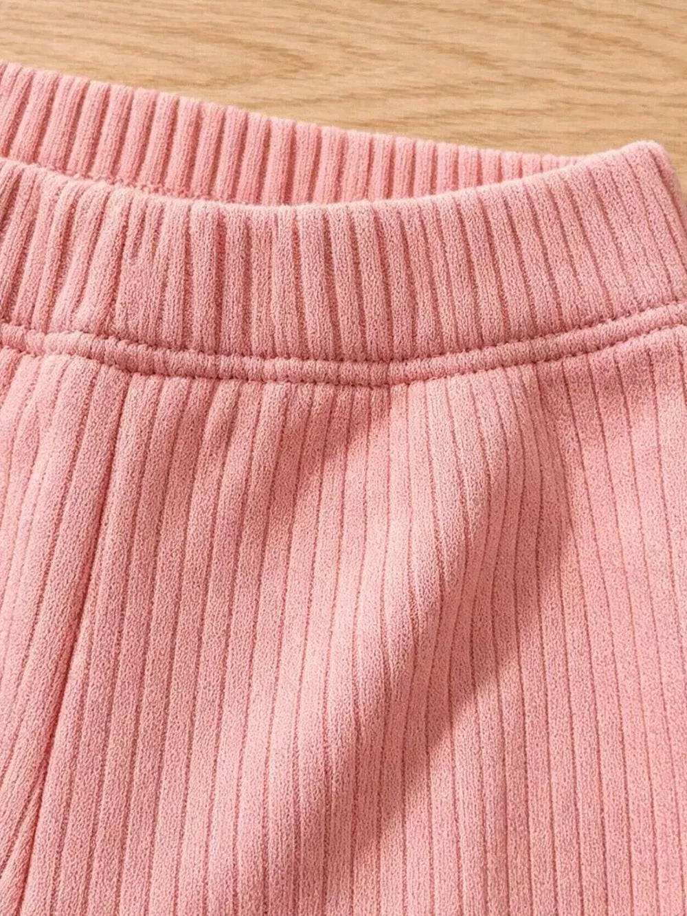 Children's Daisy Ruffled Ribbed Top & Flare Pants Set in Pink, back view