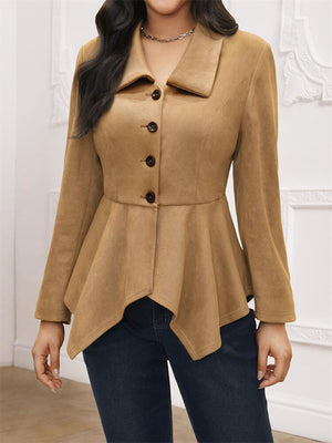 Camel suede effect blazer with peplum hem and button closure