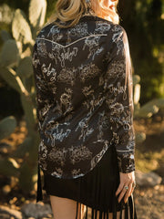 Black long sleeve maternity shirt with rodeo print and white piping
