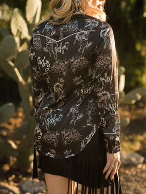 Black long sleeve maternity shirt with rodeo print and white piping