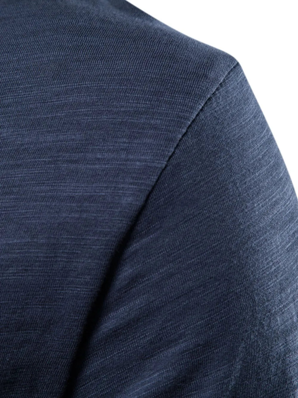 Textured slub cotton crewneck tee in navy showing fabric detail.