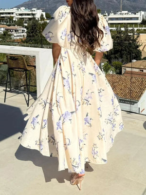 V-neck Midi Dress in Tan, back view