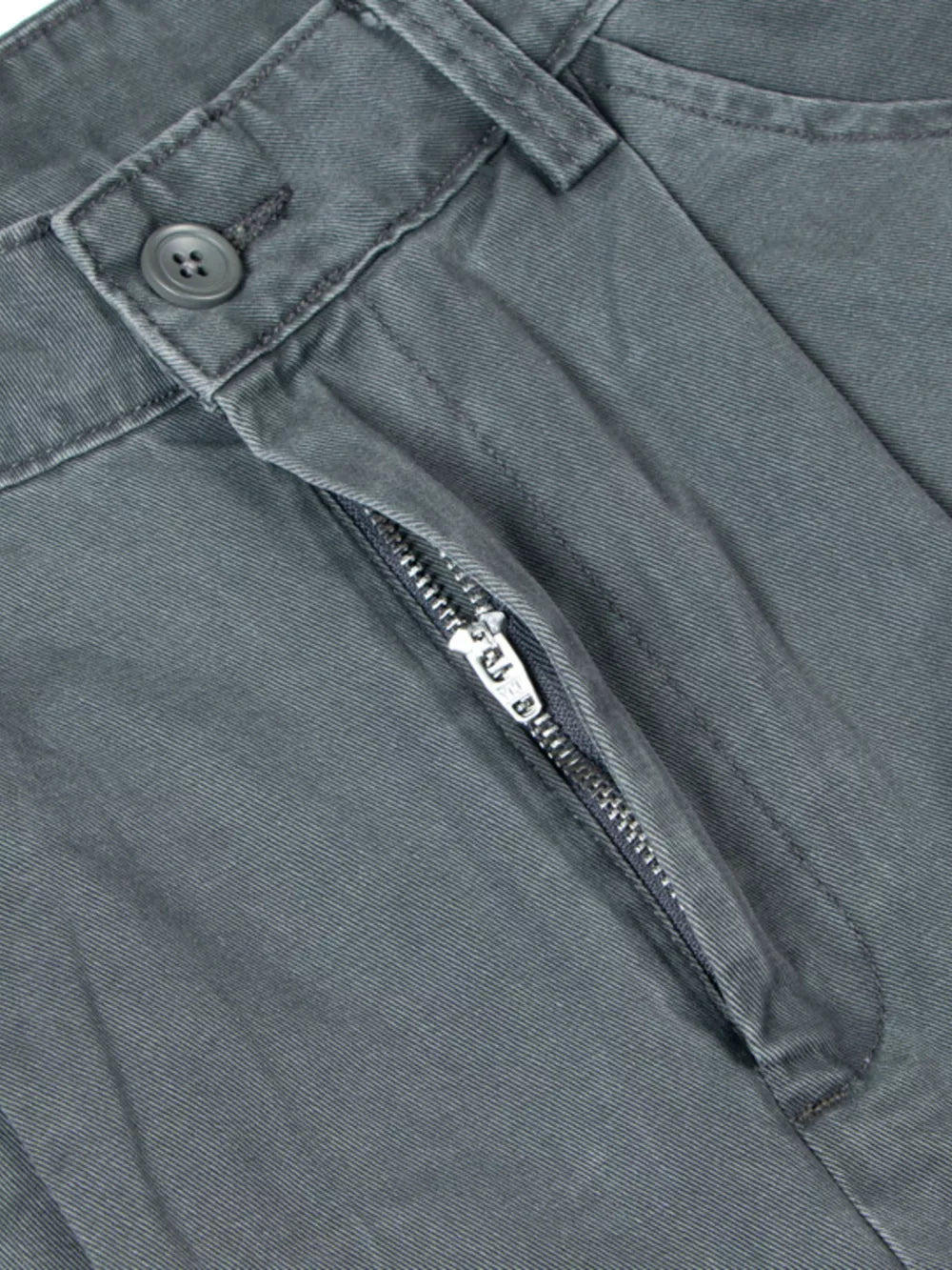 Grey cotton sweatpants with button closure and zipper detail.