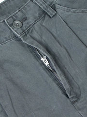 Grey cotton sweatpants with button closure and zipper detail.