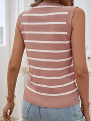 Buttoned stripe knit tank vest in pale blush with white horizontal stripes.