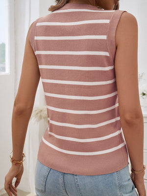 Buttoned stripe knit tank vest in pale blush with white horizontal stripes.