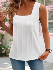 White tank top with square neck and vertical pintuck details.