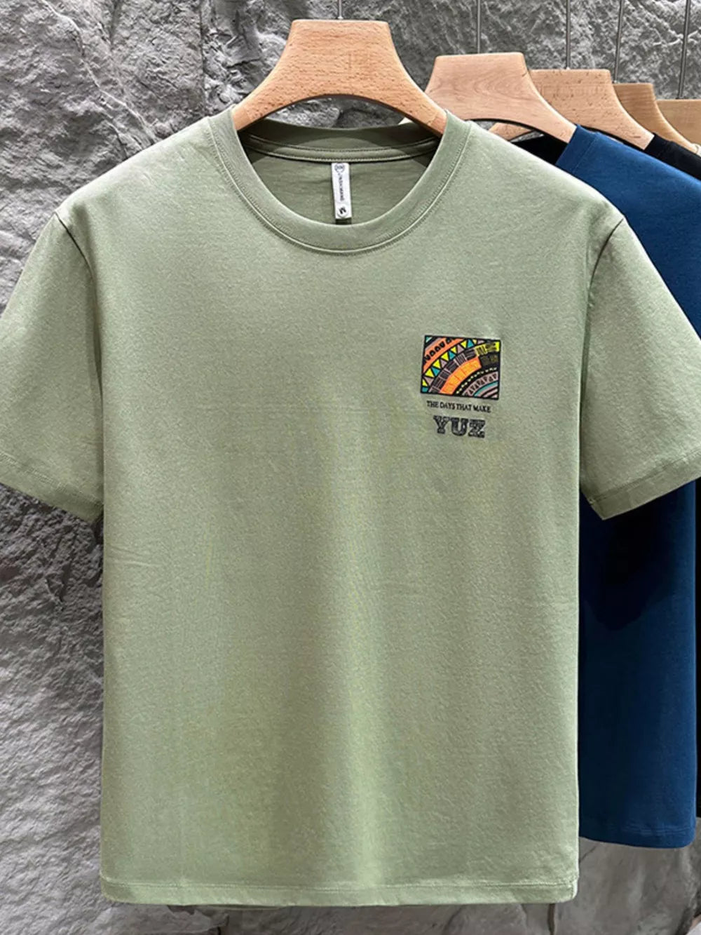 Men's Matcha Green cotton crew t-shirt with abstract graphic detail