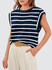 Navy and white striped tank top with padded shoulders and a crew neck.