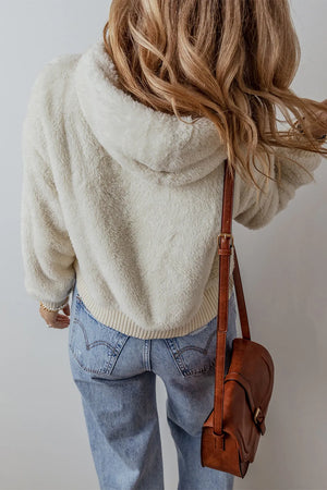 Beige plush fleece cropped hoodie with ribbed hem and cuffs.