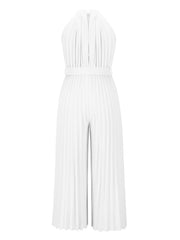 White halter neck pleated palazzo jumpsuit with belted waist