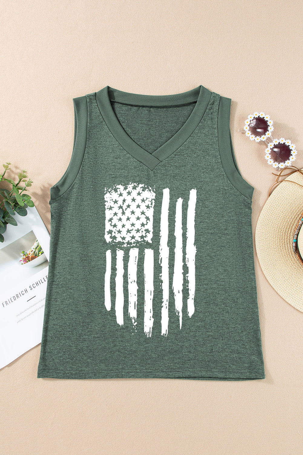 Distressed flag graphic tank top in black forest with a v-neck and ribbed trim.