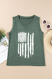 Distressed flag graphic tank top in black forest with a v-neck and ribbed trim.
