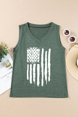 Distressed flag graphic tank top in black forest with a v-neck and ribbed trim.