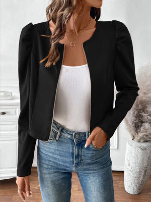 Black bolero jacket with puffed sleeves and zip-front closure