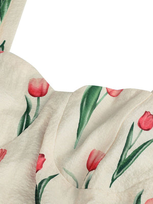 Cream midi dress with red tulip print and twist front detail.