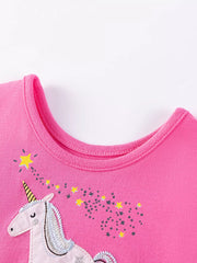 Pink cotton toddler dress with unicorn and stars embroidery, cap sleeves.
