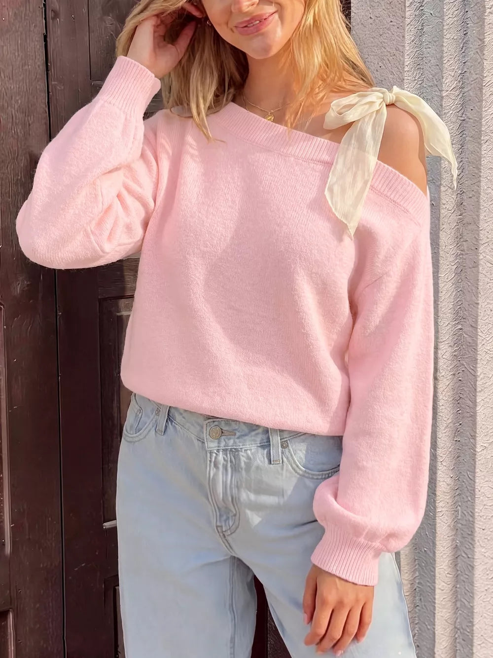 One Shoulder Bow Detail Sweater in Pink, side view