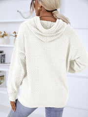 White textured knit raglan sleeve hoodie with a cowl neck hood.