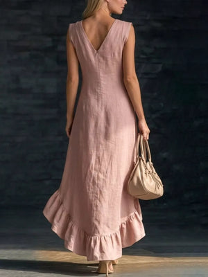 Full Size V-neck Ruffle Hem High-low Dress, side view