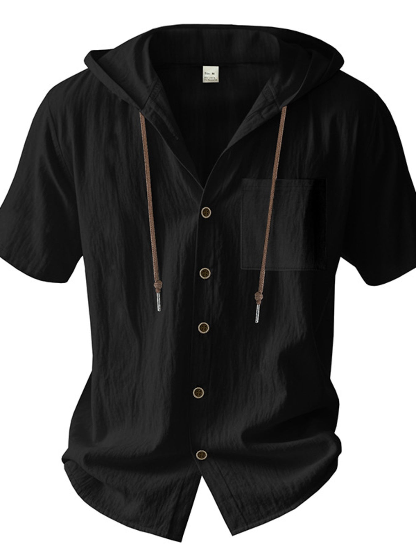 Men's black short sleeve hooded shirt with pocket and drawstring detail