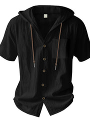 Men's black short sleeve hooded shirt with pocket and drawstring detail
