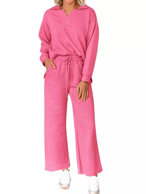 Rose Red textured V-neck lounge set with diagonal pattern and drawstring pants.