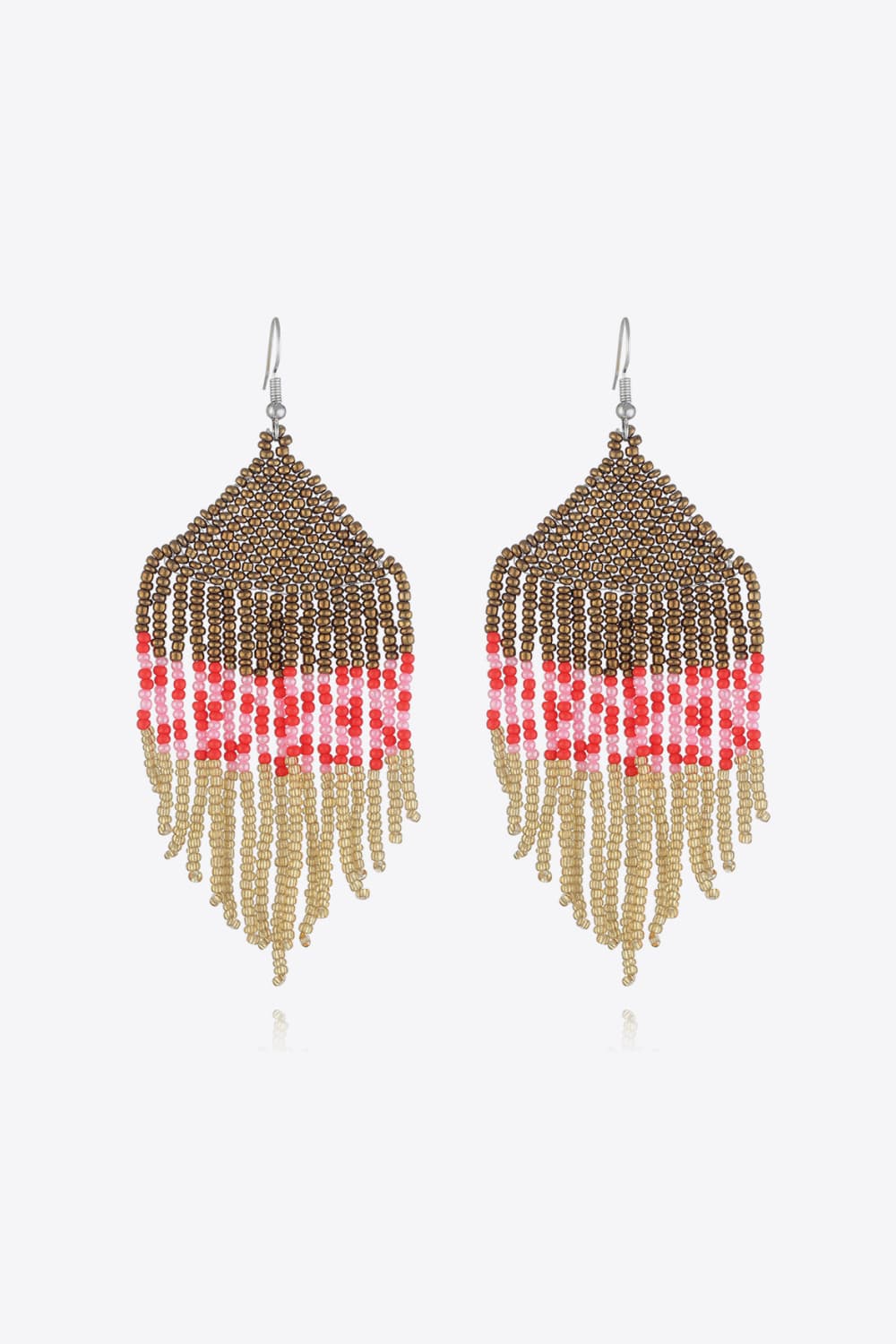 Geometric fringe beaded earrings with gold, red, and pink beads.