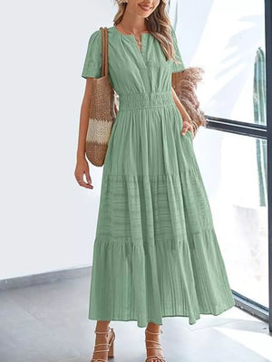 Moss green V-neck tiered midi dress with smocked waist and short sleeves.