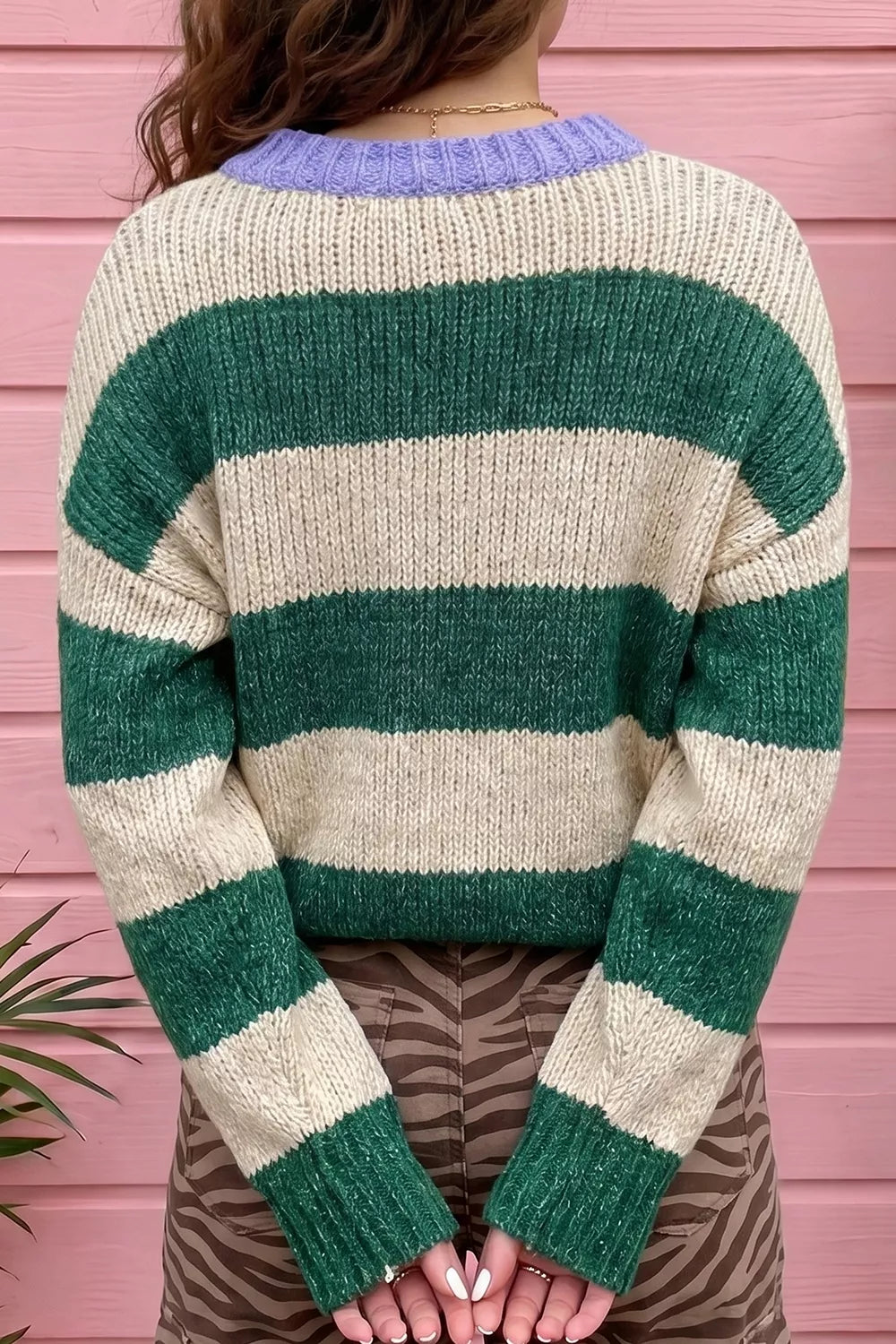 Striped Colorblock Drop Shoulder Pullover Sweater in Dark Green, side view