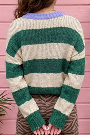 Striped Colorblock Drop Shoulder Pullover Sweater in Dark Green, side view