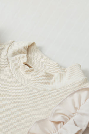 Beige ribbed mock neck top with ruffled sleeves and neckline detail