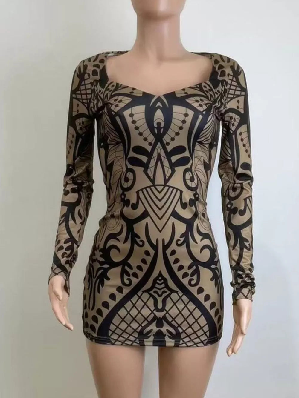 Abstract Print Long Sleeve Mini Dress in Multicolor, close-up detail
