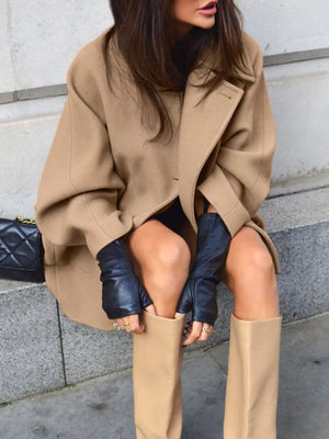 Oversized Lapel Collar Button-down Coat in Brown, close-up detail