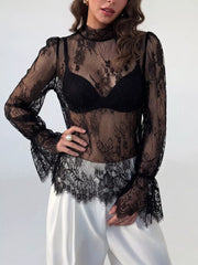 Lace Flounce Sleeve Top in Black, side view