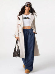 Blue corduroy wide-leg maternity trousers with drawstring waist.