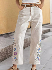 Embroidered Floral Detail Wide-leg Jeans