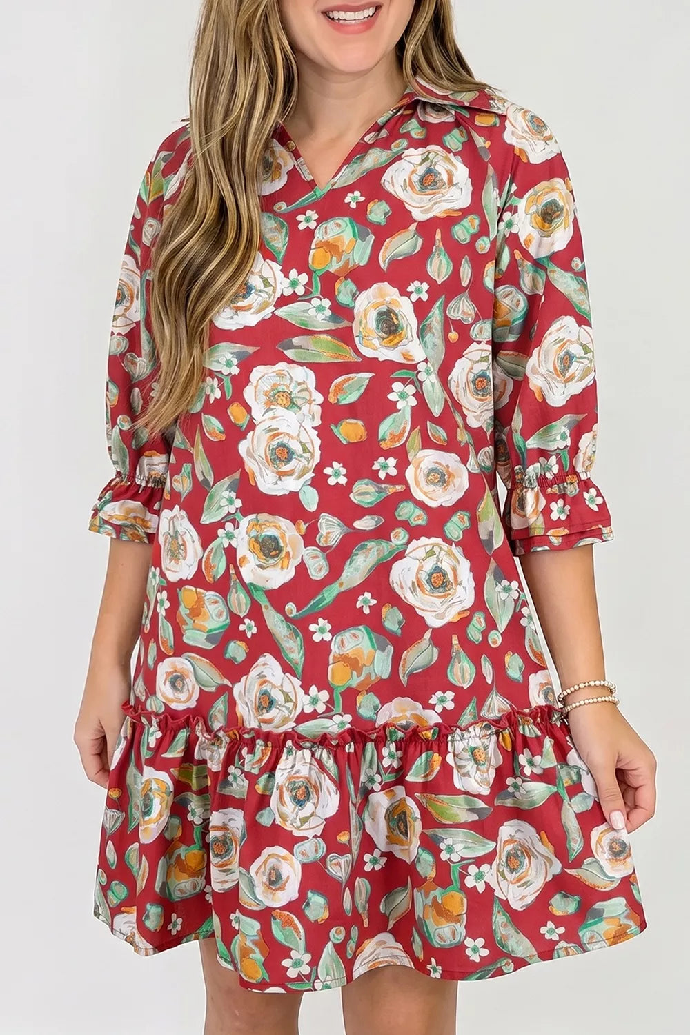 Floral Print Half Sleeve Shift Dress in Rust, front view