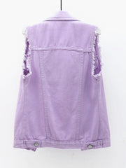 Lavender denim vest with frayed shoulders and distressed details.