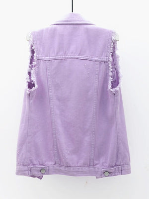 Lavender denim vest with frayed shoulders and distressed details.