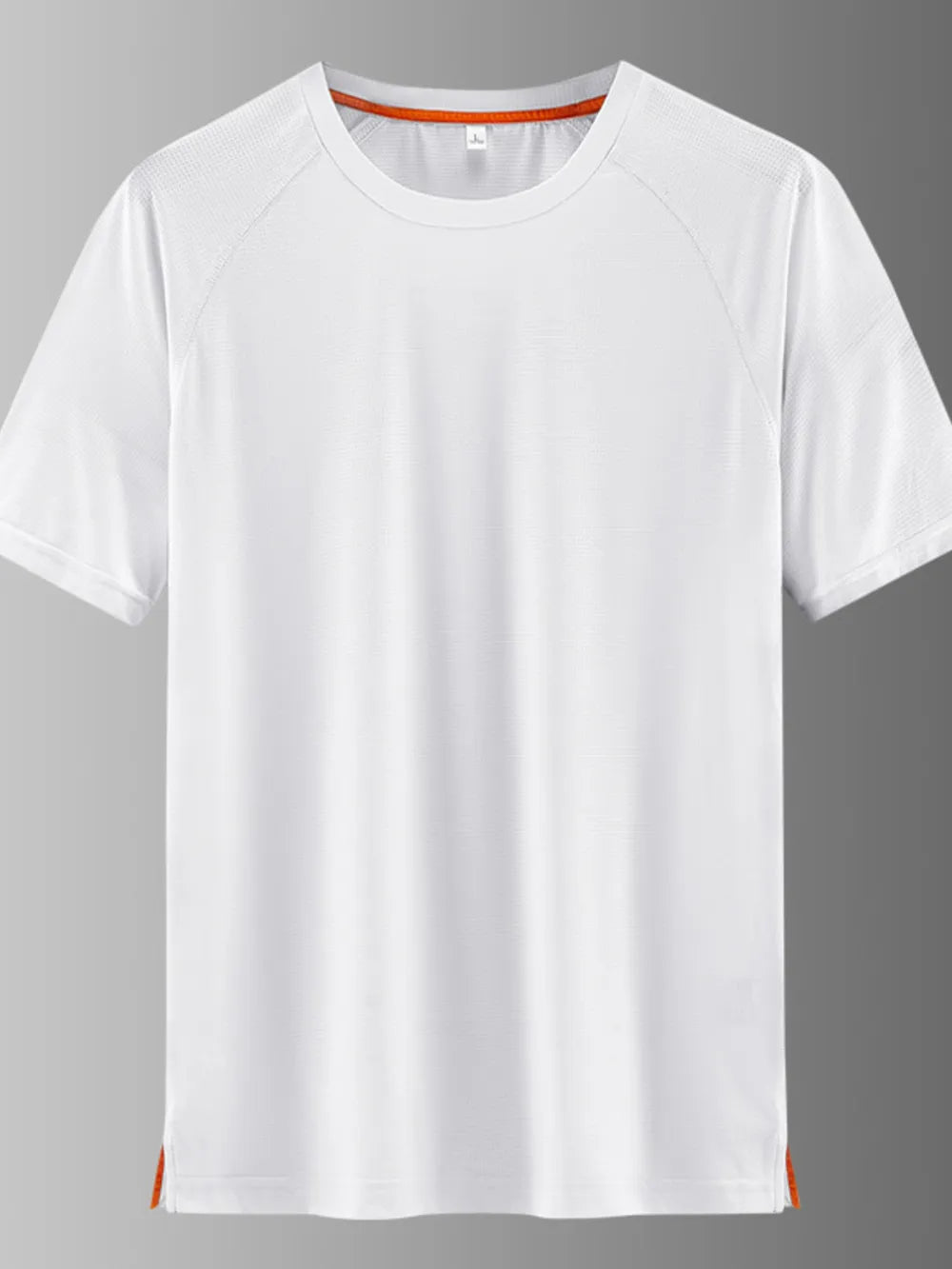 Men's white quick-dry active t-shirt with orange trim and textured shoulders.