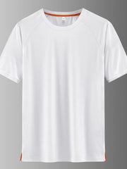 Men's white quick-dry active t-shirt with orange trim and textured shoulders.