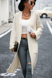 Cream longline knit cardigan with pockets, open front, acrylic material