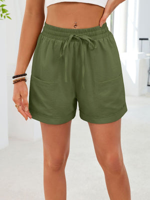 Army green casual shorts with elastic waist, drawstring, and pockets.