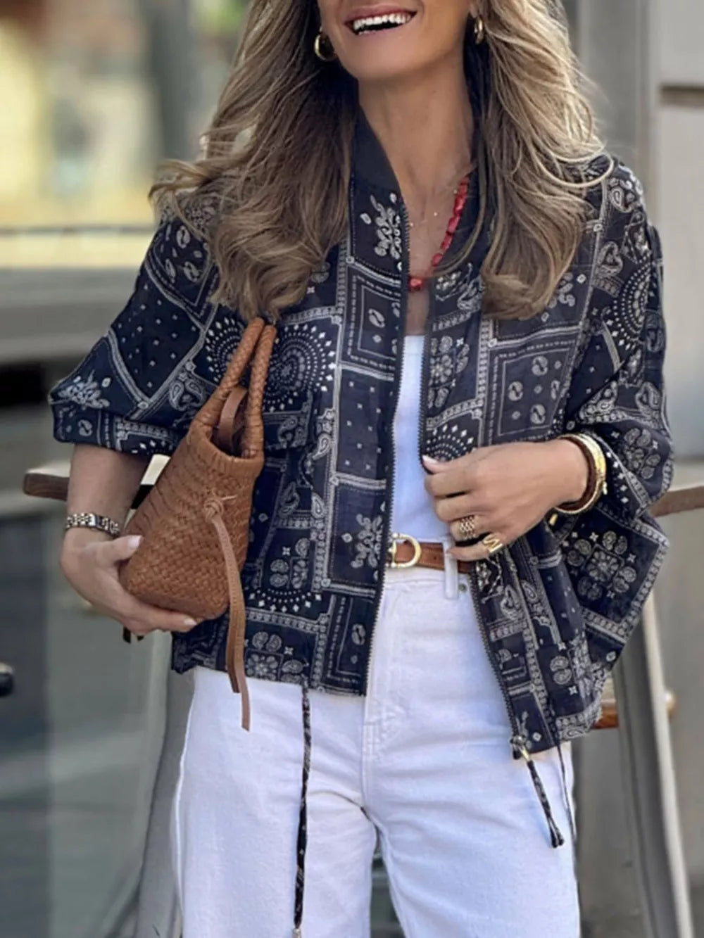 Printed Zip Up Jacket in Black, front view