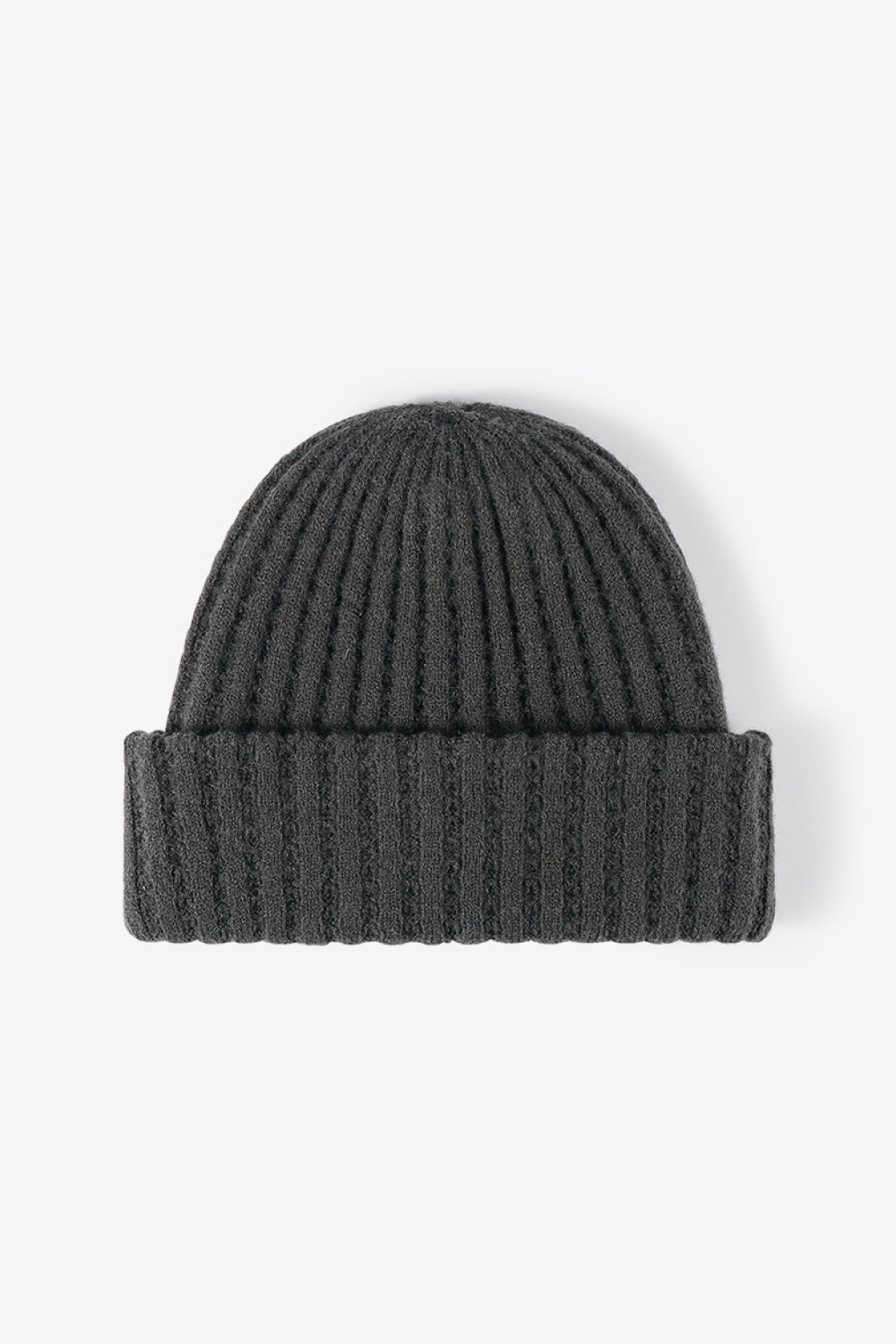 Dark Gray ribbed knit beanie with textured acrylic fabric.